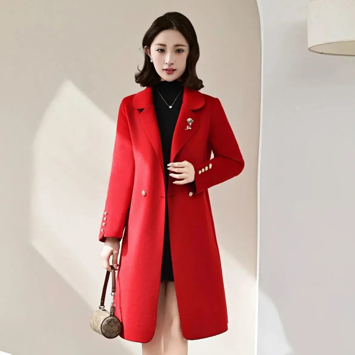 Women's Double-Sided Woolen Trenchcoat Jacket 2026 Autumn Winter Slim Fit Medium Length Chic Casual Windbreaker Overcoat