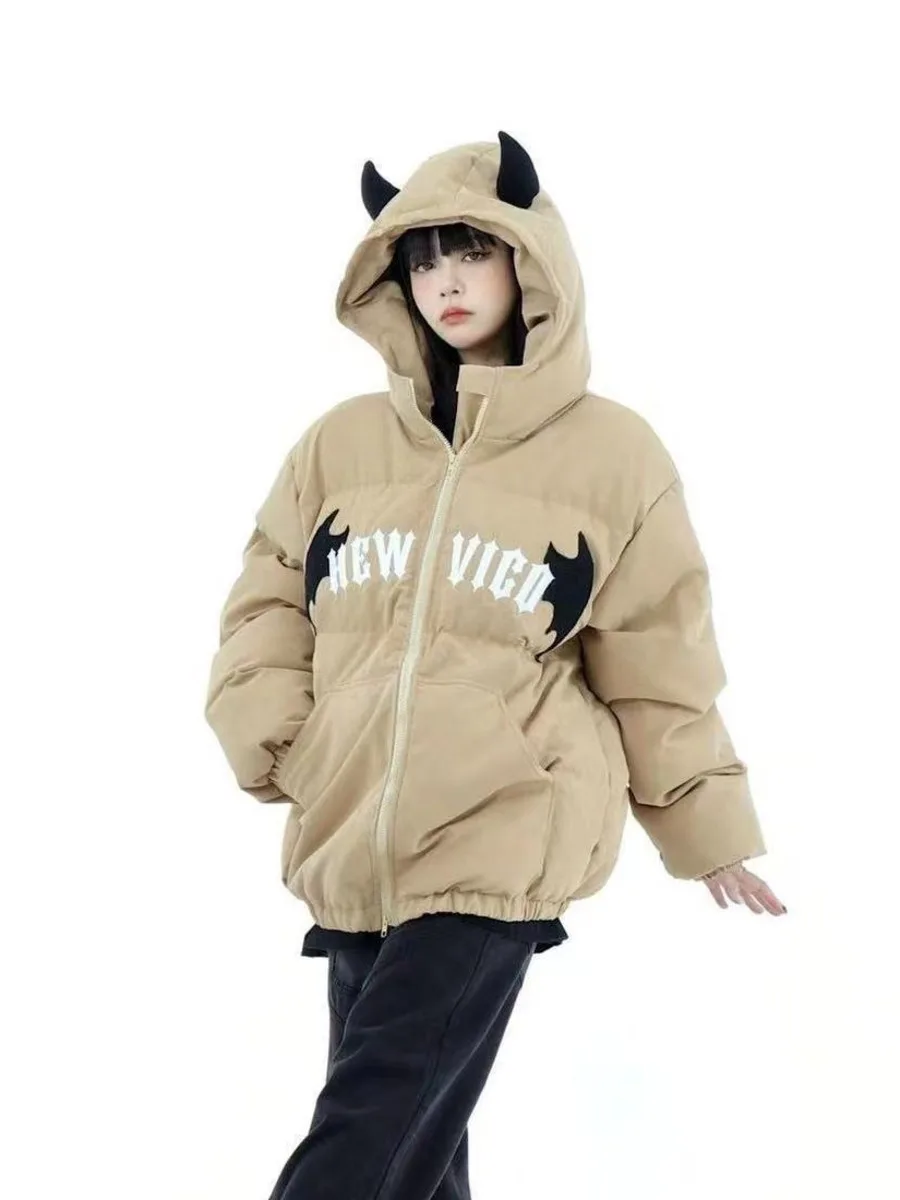 Crowd Hooded Cotton Padded Jacket Women Goth Y2k Dark Devil Horn Embroidery Quilted Coats Loose Winter Warm Parkas