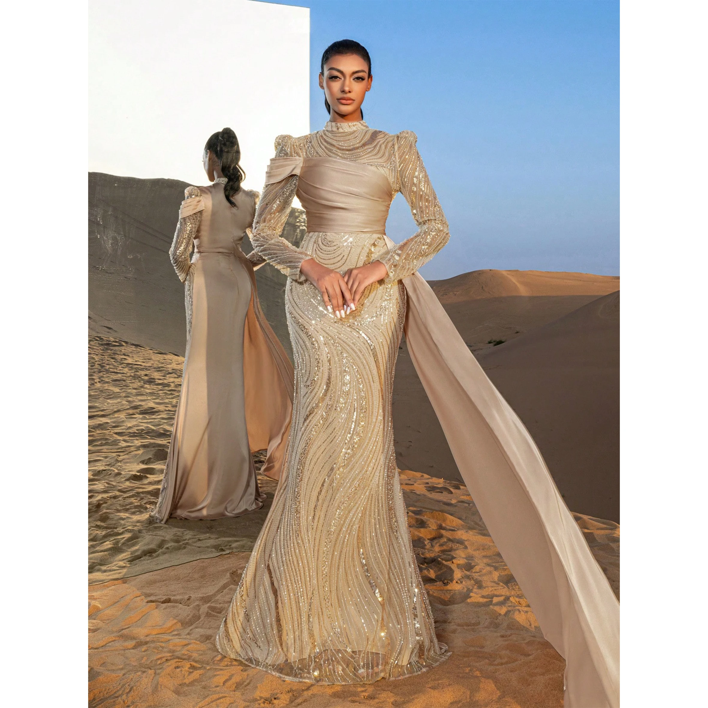 

Gorgeous Mock Neck Sheer Sleeves Mermaid Hem Beaded Formal Dresses & Evening Gowns