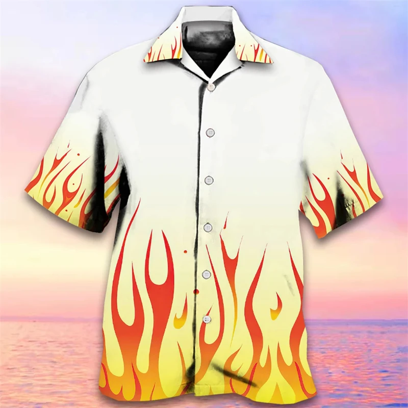 2024 Men's 3D Flame Print Shirt Hawaiian Casual Short Sleeved Shirt Fashion Beach Vacation Lapel Shirt Mens Summer Shirt Clothes