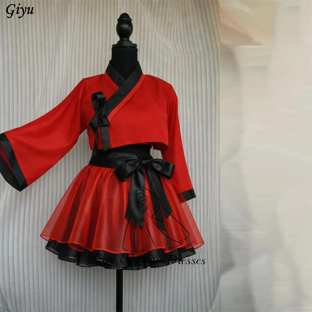 Giyu Mini Contrast Color  A Line Hanbok Dress Long Sleeves Korea Wedding Photo Shoot Dress Bow Prom Party Dress Customized