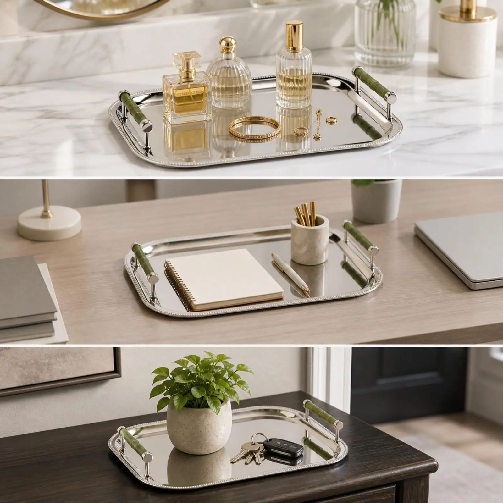 Silver Colored Rectangular Decorative Tray with Rim for Perfume Display and Coffee Table