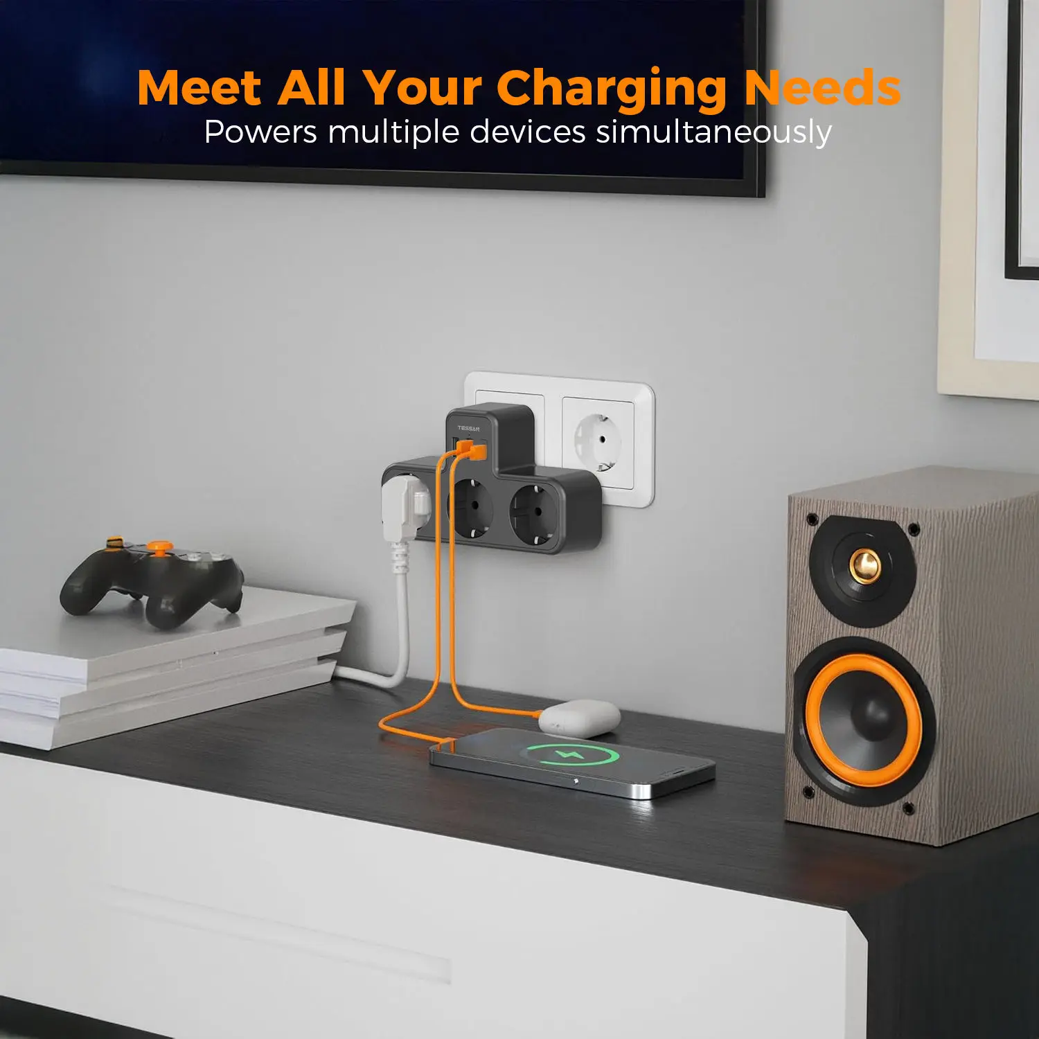 TESSAN-enchufe de pared USB estándar de la UE múltiple, enchufe 6 en 1 con adaptador de 3 salidas de CA, cargador de pared para el hogar y la Oficina