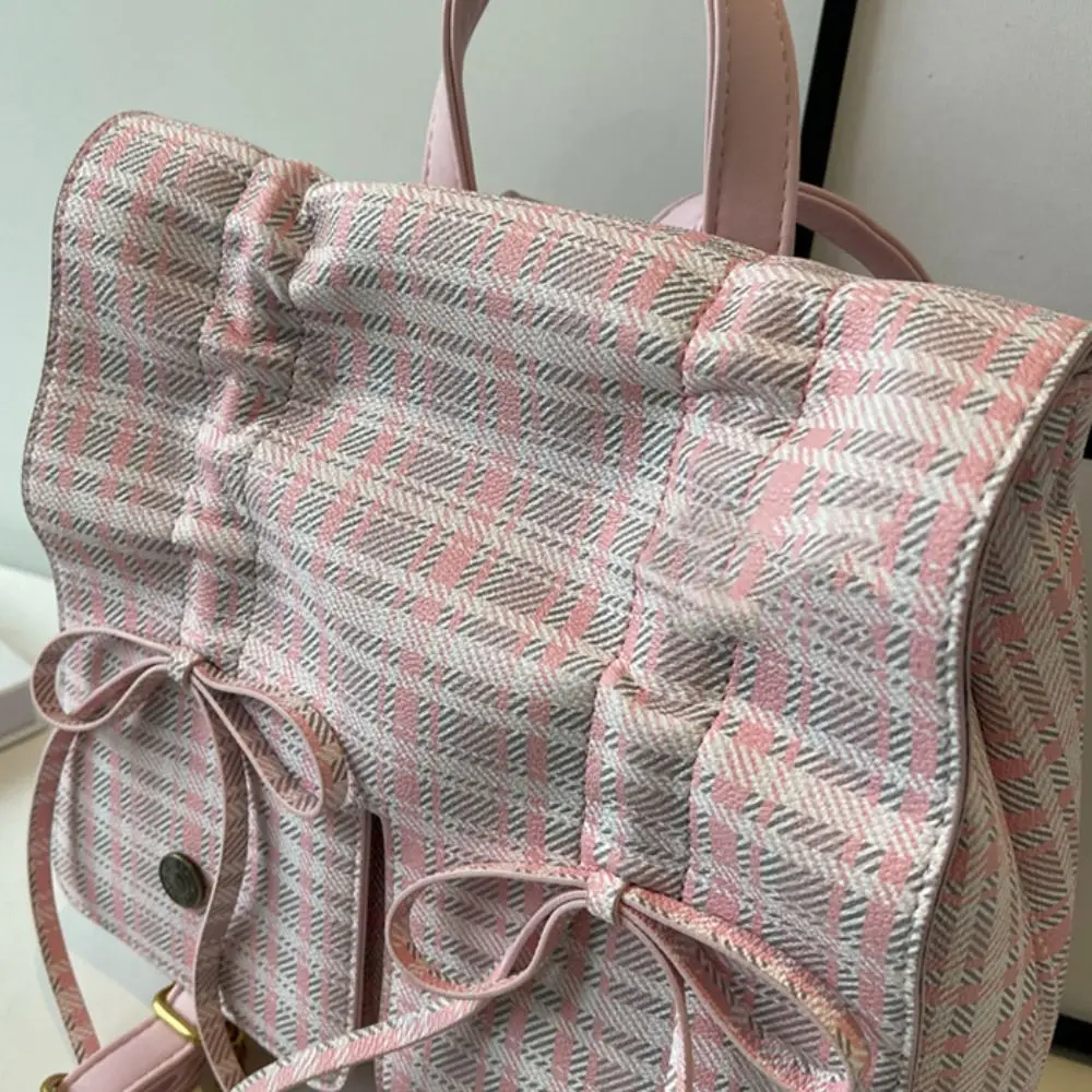 Mochilas multifuncionales con lazo para mujer, bolso de mano de cuero a cuadros, bolso de hombro de PU rosa, bolso escolar Vintage