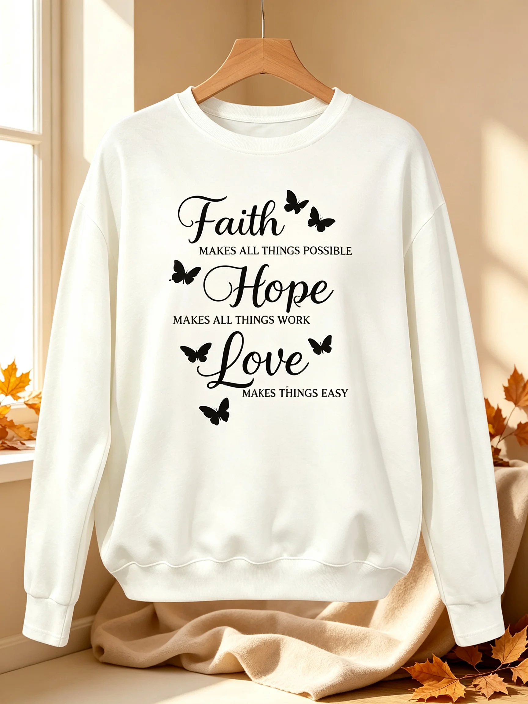 Women Crew Neck Sweatshirt Faith Hope Love Butterfly Graphic Pullover Inspirational Letter Print Casual Long Sleeve Daily Tops