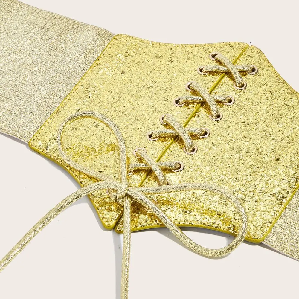 Elastic Gold Cummerbunds PU Leather Glitter Leopard Print Waistband Dress Girdle Shinny Blingbling Corset Belt Corset