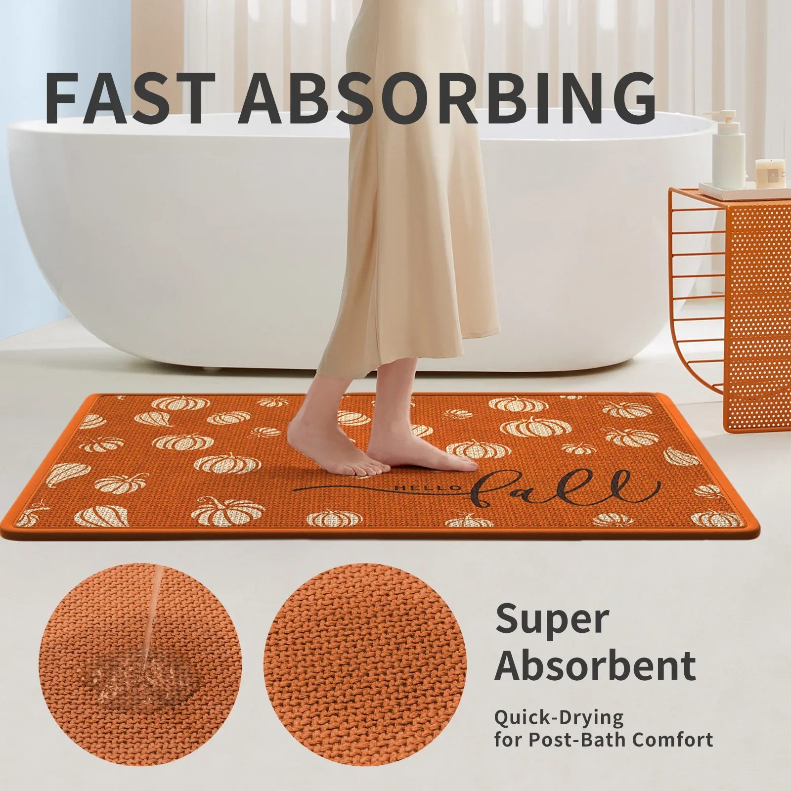 Vintage Pumpkin Print Linen Bath Mat, Quick-Dry Absorbent Bathroom Rug, Non-Slip Bathtub Floor Mat with Rubber Backing Doormat