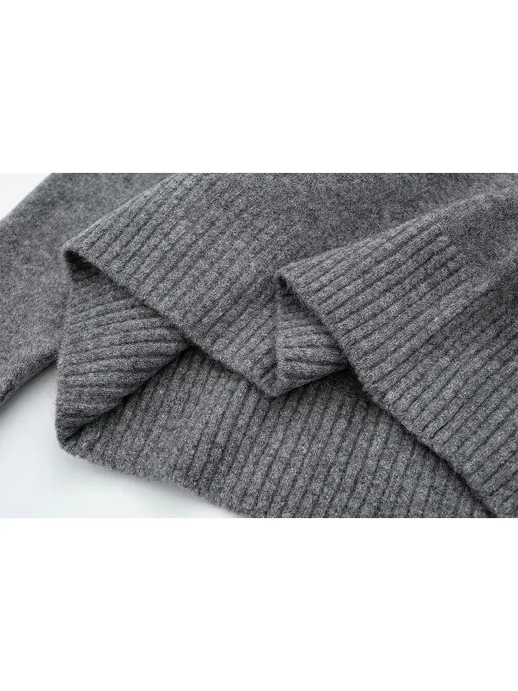 TRAFZA 2023 الخريف الشتاء المرأة رمادي البلوز البلوزات الإناث طويلة الأكمام فضفاضة متماسكة البلوز س الرقبة محبوك ملابس خارجية كبيرة الحجم