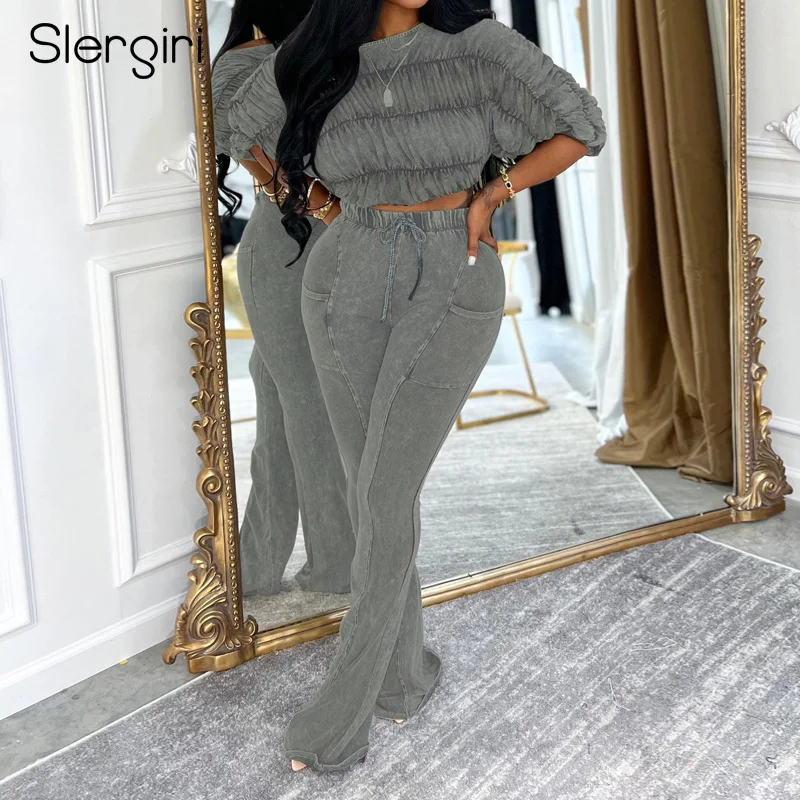 

Slergiri Women's Pant Sets O-Neck Half Sleeve Crop Top Fashion Solid Drawstring Flared Pants Elegant Party Matching Outfits