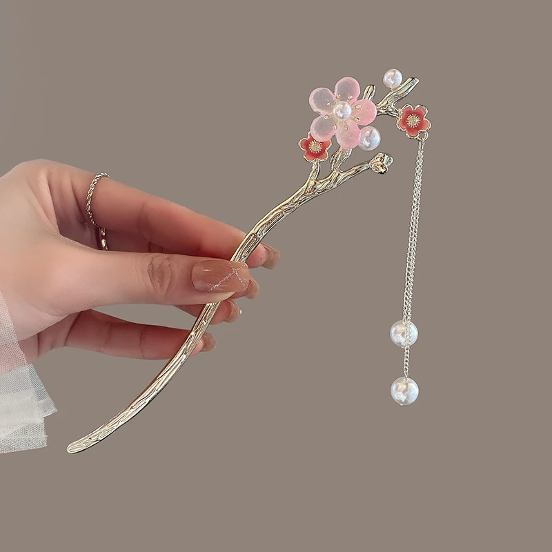 2023 New Vintage Chinese Women\'s Hair Stick Metal Glaze Flowers Hair Chopsticks Ladies Pearl Jewelry Hair Sticks Accessories