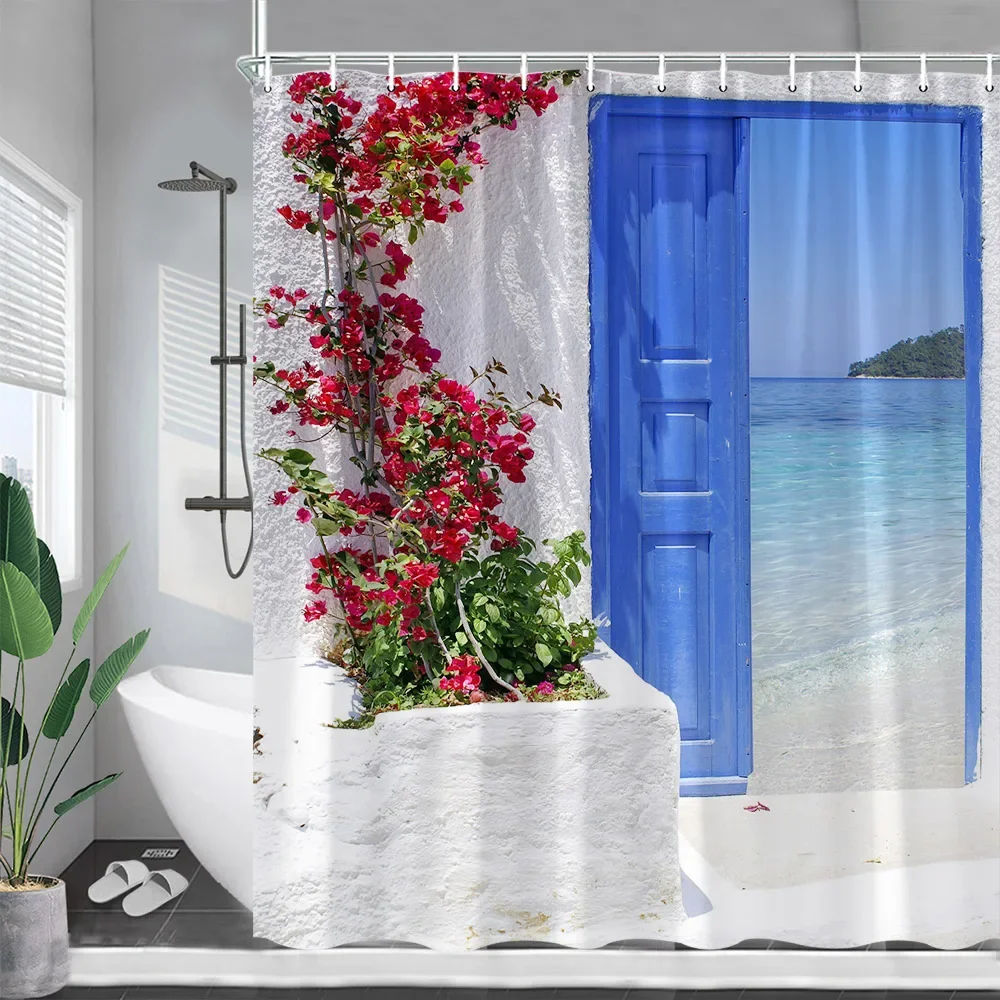 Greek Street Shower Curtains Blue Wooden Door White Architectural Plants Flowers Wall Hanging Bathroom Curtain Decor with Hooks