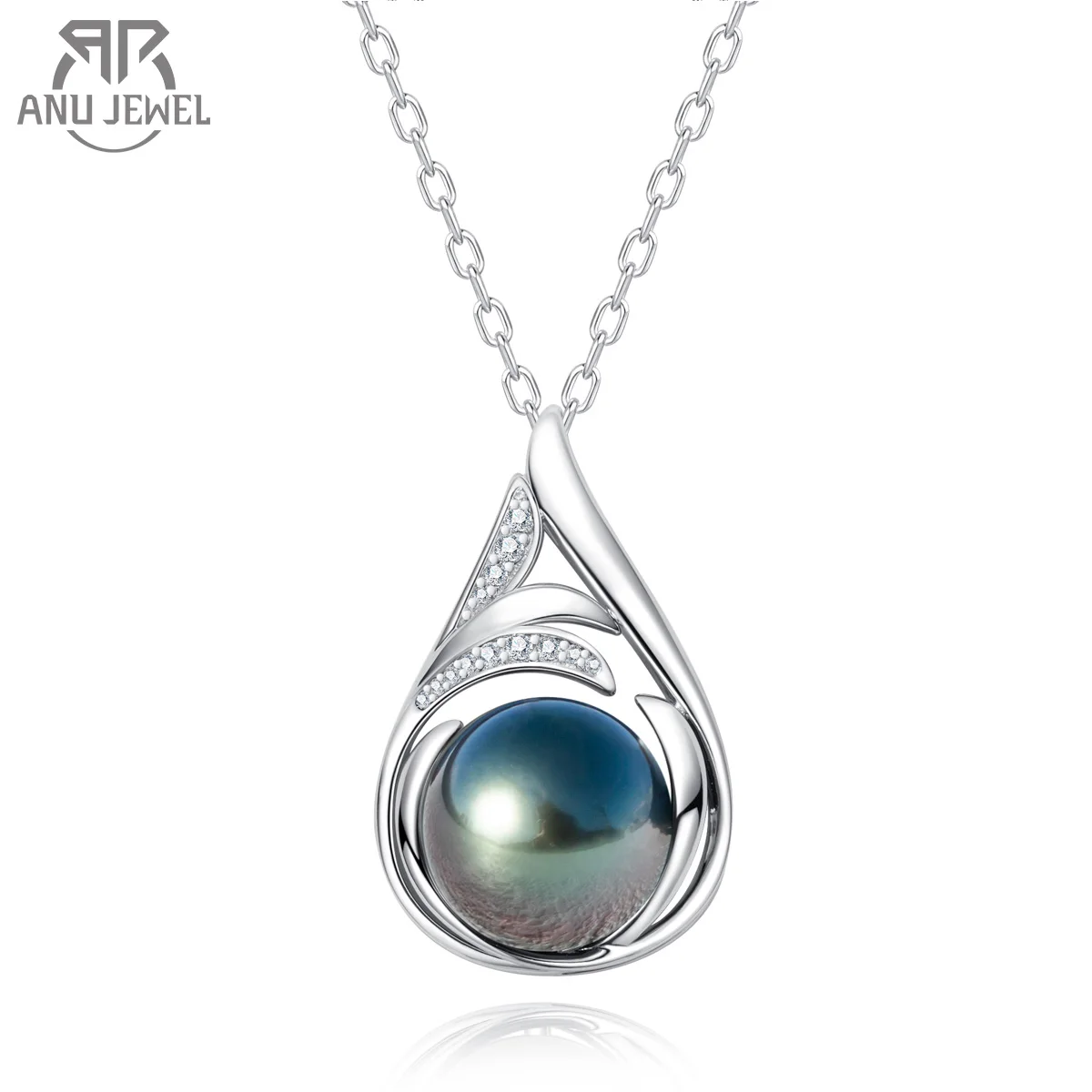 AnuJewel 11~12mm Natural Tahitian Black Pearl Moissanite Pendants Created Diamond Pendant Necklace Anniversary Gifts