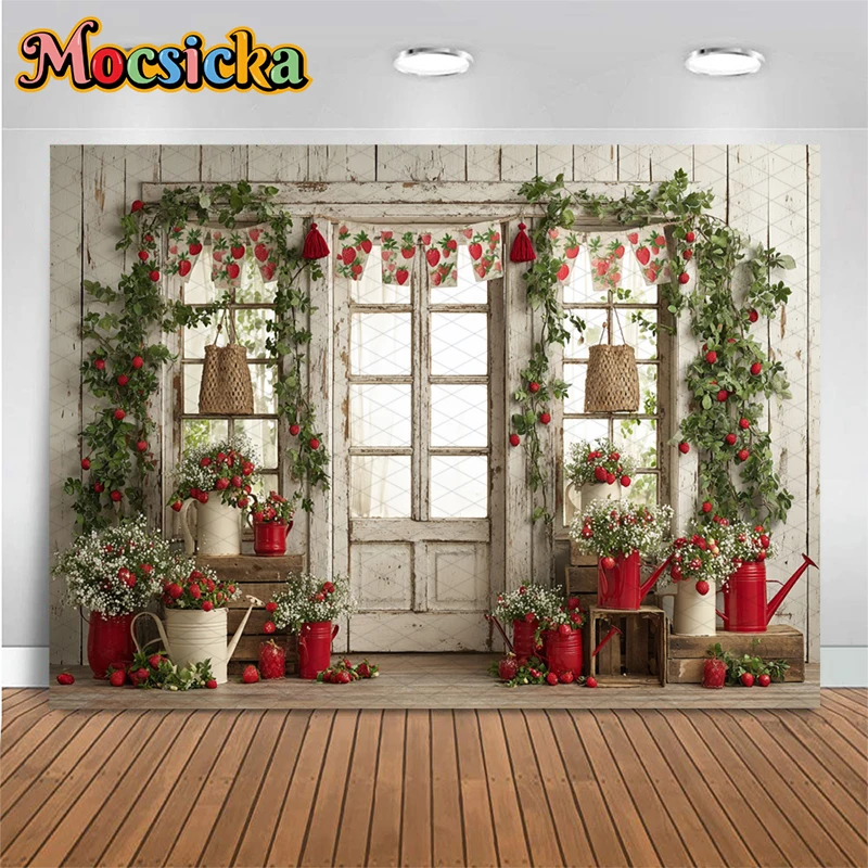 Mocsicka Farmhouse Strawberry Photography Backdrop Rustic White Wood Door Wedding Background Baby Birthday Cake Smash Photoshoot