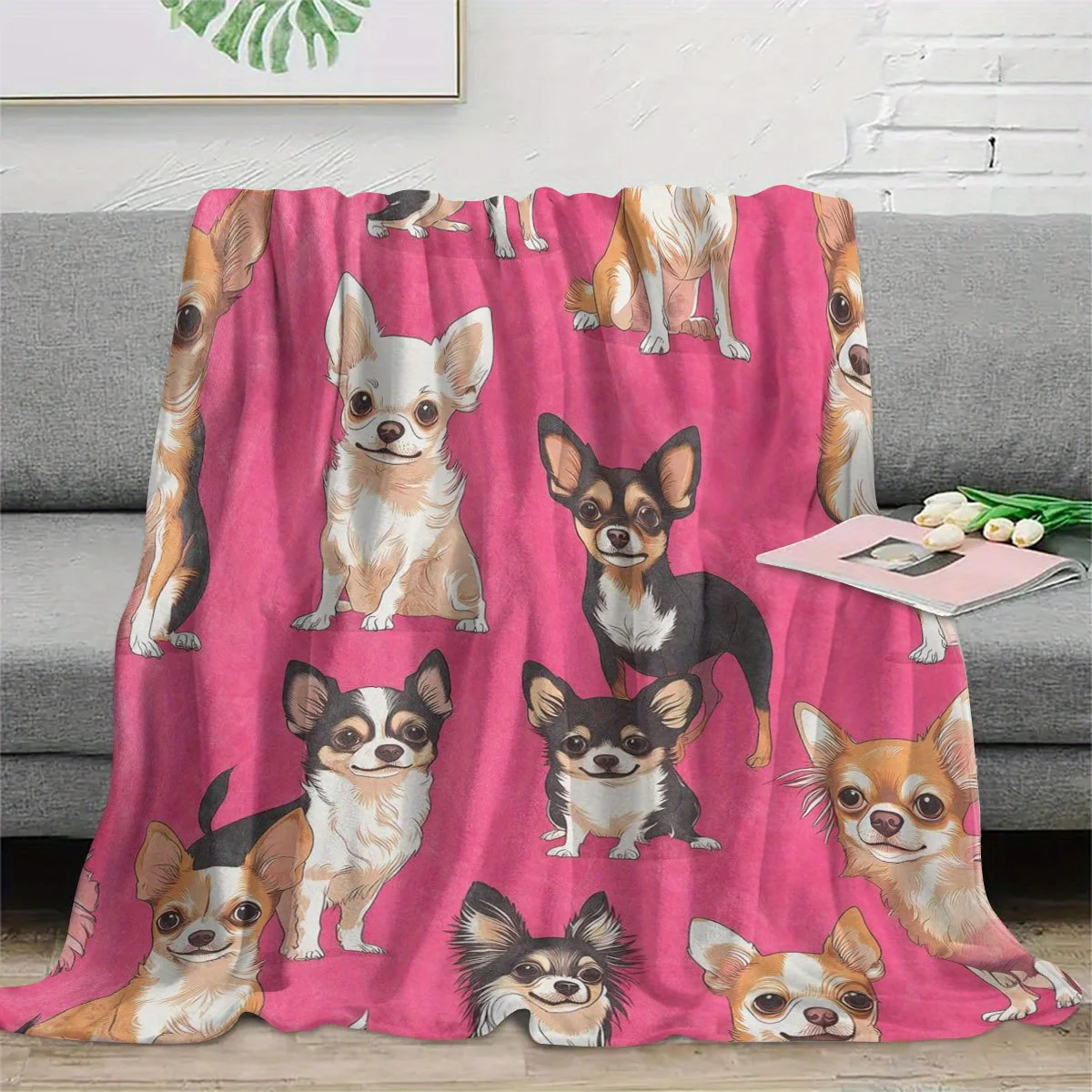 Soft Cozy Flannel Throw Blanket | Contemporary Geometric Chihuahua Print, Vibrant Pink & Multicolor Dog Design for Home Decor