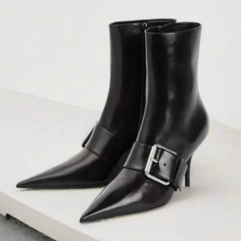 Botines decorativos con hebilla de cinturón a la moda para mujer, botas de diseñador con cremallera lateral y punta estrecha de cuero suave negro de lujo, zapatos cómodos para mujer