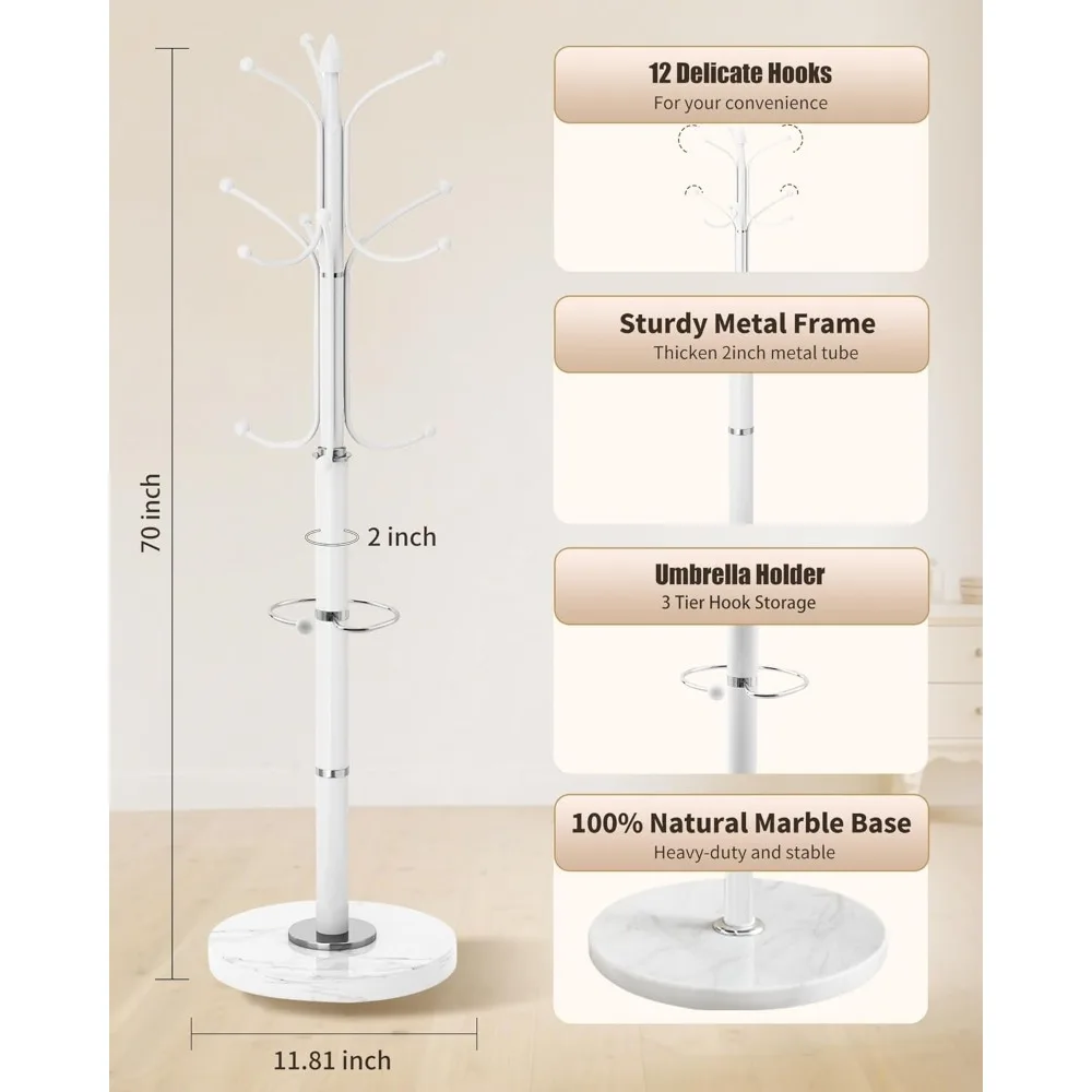 رف معطف بقاعدة من الرخام الأبيض الحديث مع 12 خطافًا وحامل مظلة