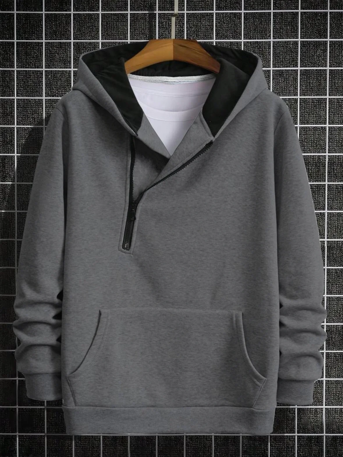 

Men's diagonal zipper hooded sweatshirt, spring and autumn half open loose casual pullover, trendy brand versatile men's top