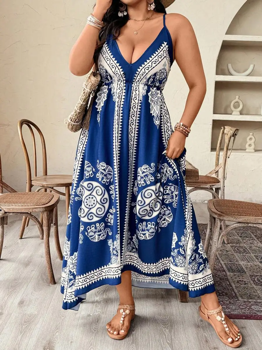 

Plus Size Women Elephant Print Asymmetric Camisole Maxi Dress Holiday Style