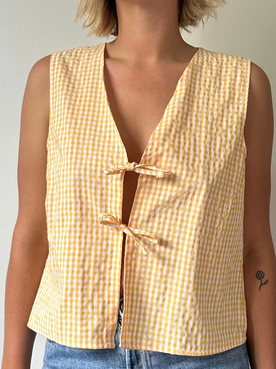 Women Vintage Gingham Bow Tie Front Vest Top Plaid V Neck Sleeveless Tank Top Y2K Summer Going Out Streetwear