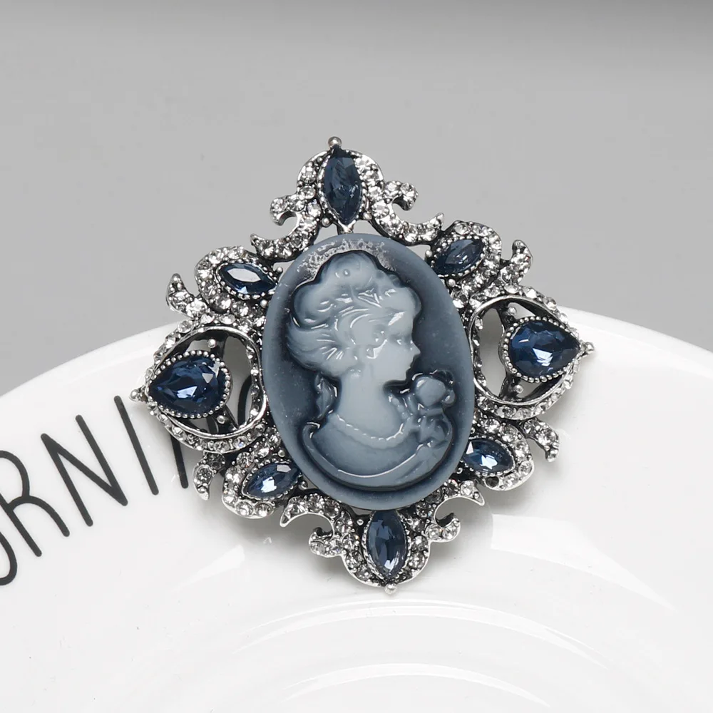 Strass de cristal vitoriano cameo broches vintage para mulheres camafeu da rainha beleza cabeça broche pino roupas accessor