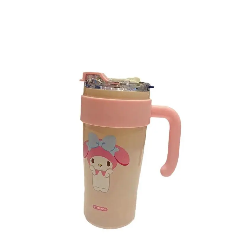 Garrafa térmica Sanrio Anime Cartoon, Grande capacidade, alça de palha, garrafa de água de aço inoxidável, Kurome Melody Canela, 860ml