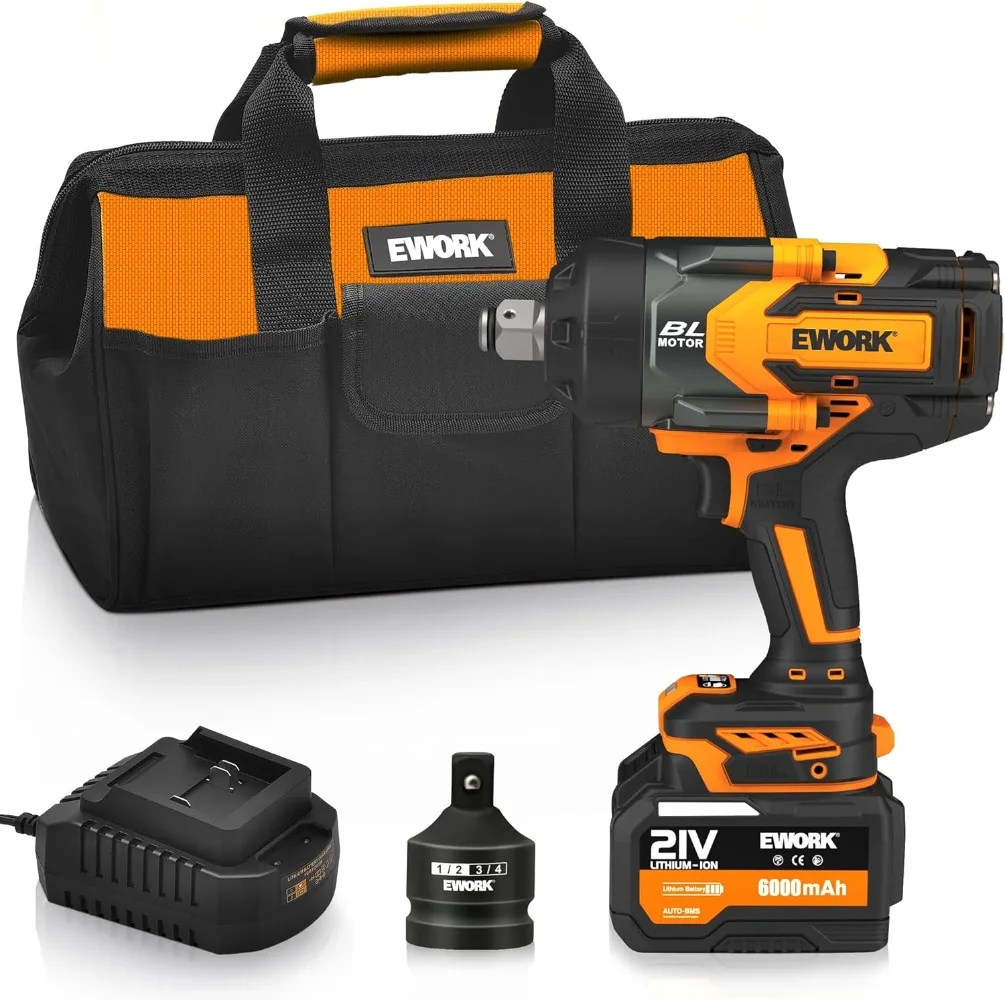 3/4 Cordless Impact Wrench Max 1500 Ft-lbs 21V Brushless High Torque 3/4 Impact Gun with 6.0Ah Li-ion Battery, Fast Charger