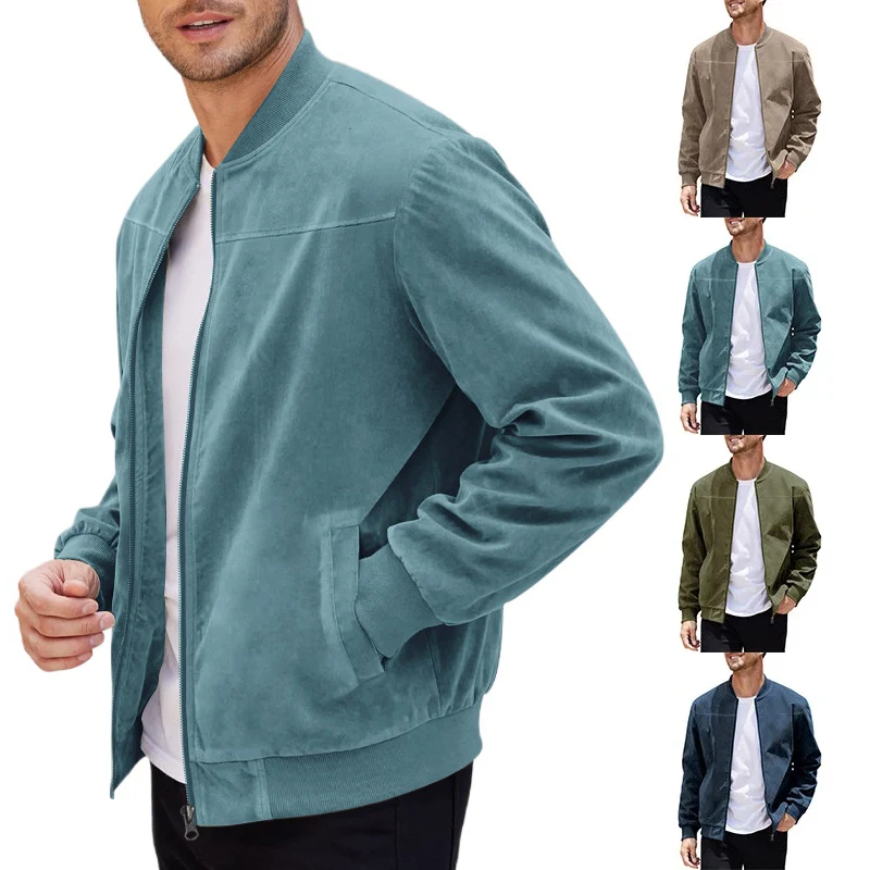 

2025 Suede Solid Color Zipper Jacket Casual Vintage Long Sleeve Cardigan Jacket Men