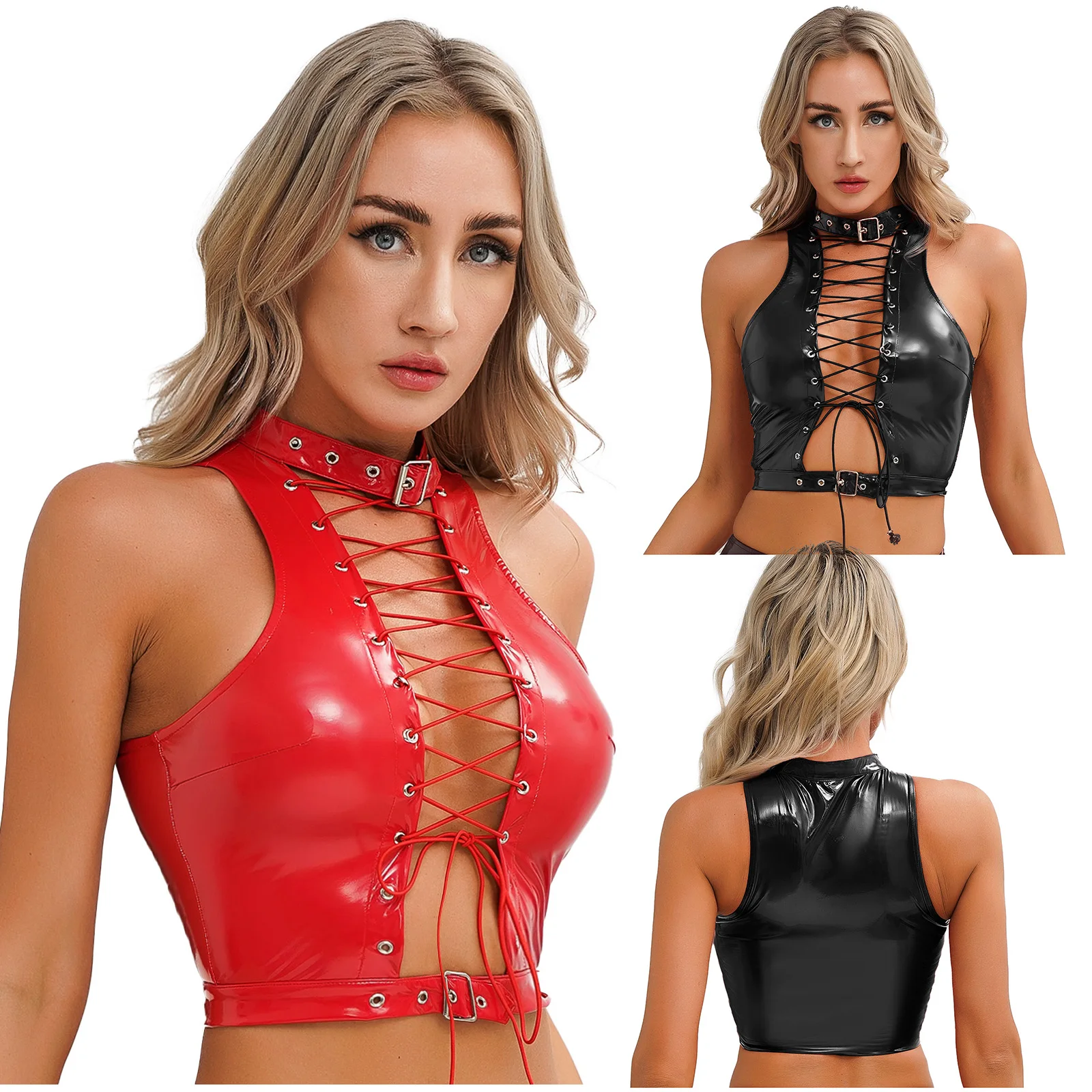 Women\'s Patent Leather Sleeveless Crop Tops Gothic Punk Corset Top Adjustable Round Neck Lace-up Vest Party Clothes Clubwear