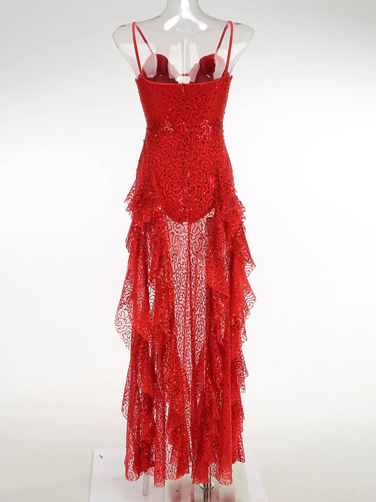 Vestidos de fiesta rojos para mujer de lujo 2025, novedad de verano, vestido largo con tirantes finos, vestido Sexy con volantes y abertura Hgh, ropa de fiesta para Club de celebridades