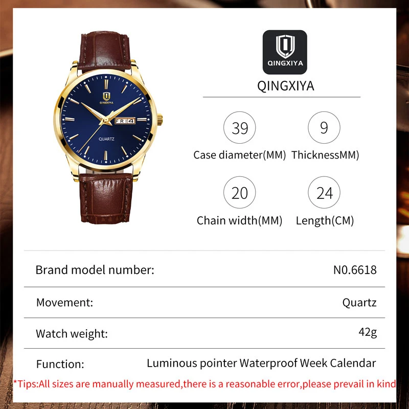 QINGXIYA Business Men Quartz Watch Fashion Leather Strap Waterproof Luminous Week Date Mens Watches Top Brand Luxury Wristwatch