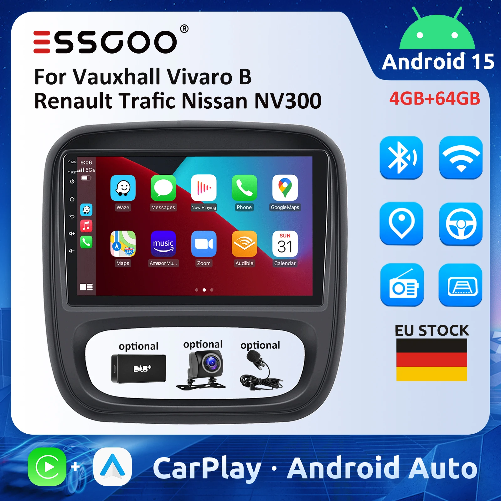 9 "Radio Per Vauxhall Vivaro B Renault Trafic Nissan NV300 Android auto Carplay Auto Stereo 4GB Automotive Lettore Multimediale