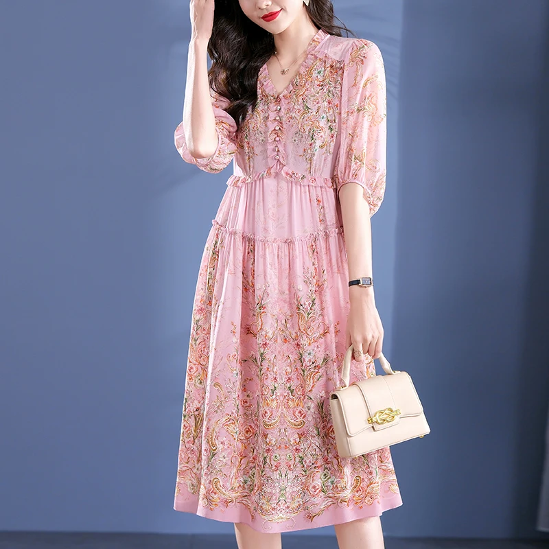 100% Real Silk Women's Vintage Dress 2026 Summer Elegant Chic Dresses Women V-neck Floral Print Woman Long Midi Dress