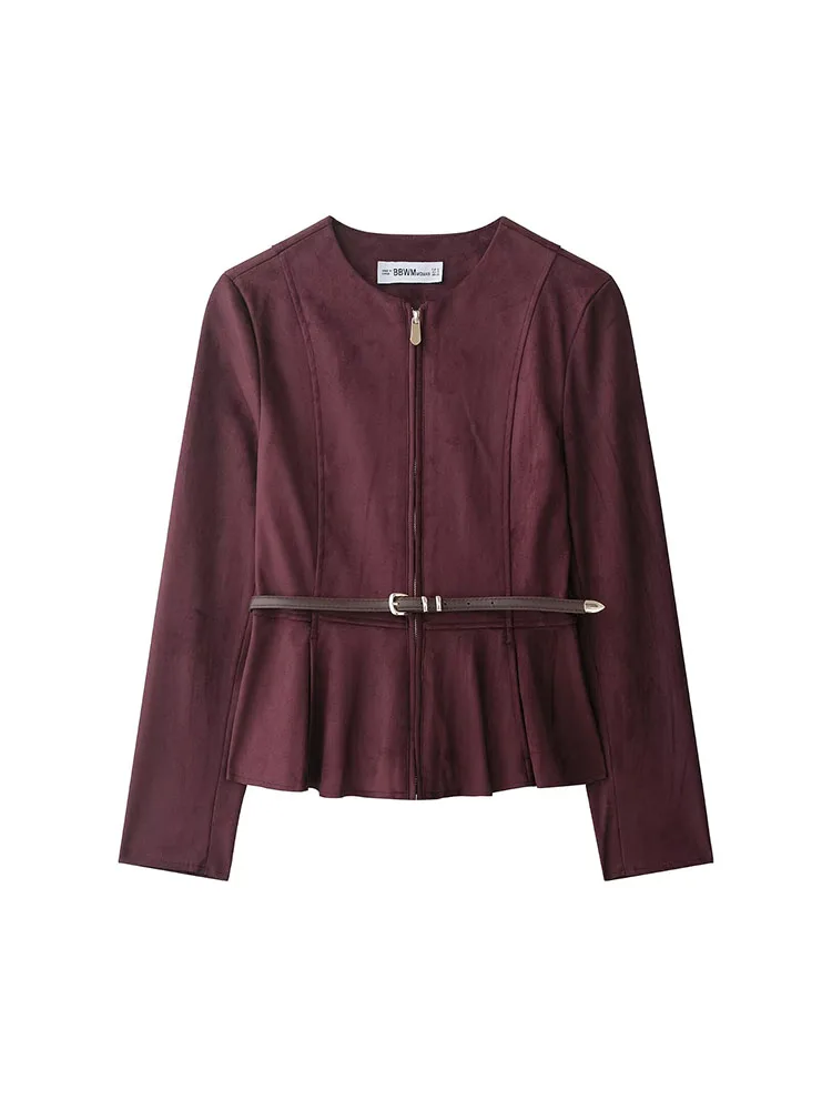 HH Women Round Neck Long Sleeves Zipper Belt Decoration Suede Effect Skirt Hem Jackets Female Slim Fit Street Style Coat