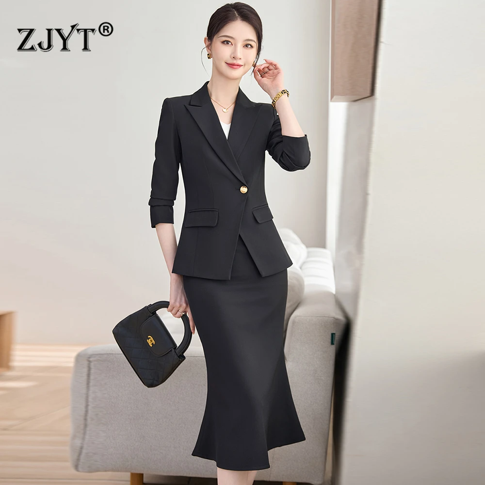

ZJYT Spring 2026 Women Blazer Skirt Suit 2 Pieces Matching Sets Elegant Office Lady Outfit Business Commuter Work Wear Black Red