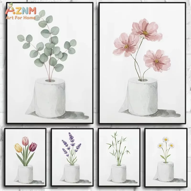 1PC Colourful Flower Toilet Paper Roll Poster Funny WC Plant Botanical Canvas Painting Idea Wall Art Picture for Bathroom Home