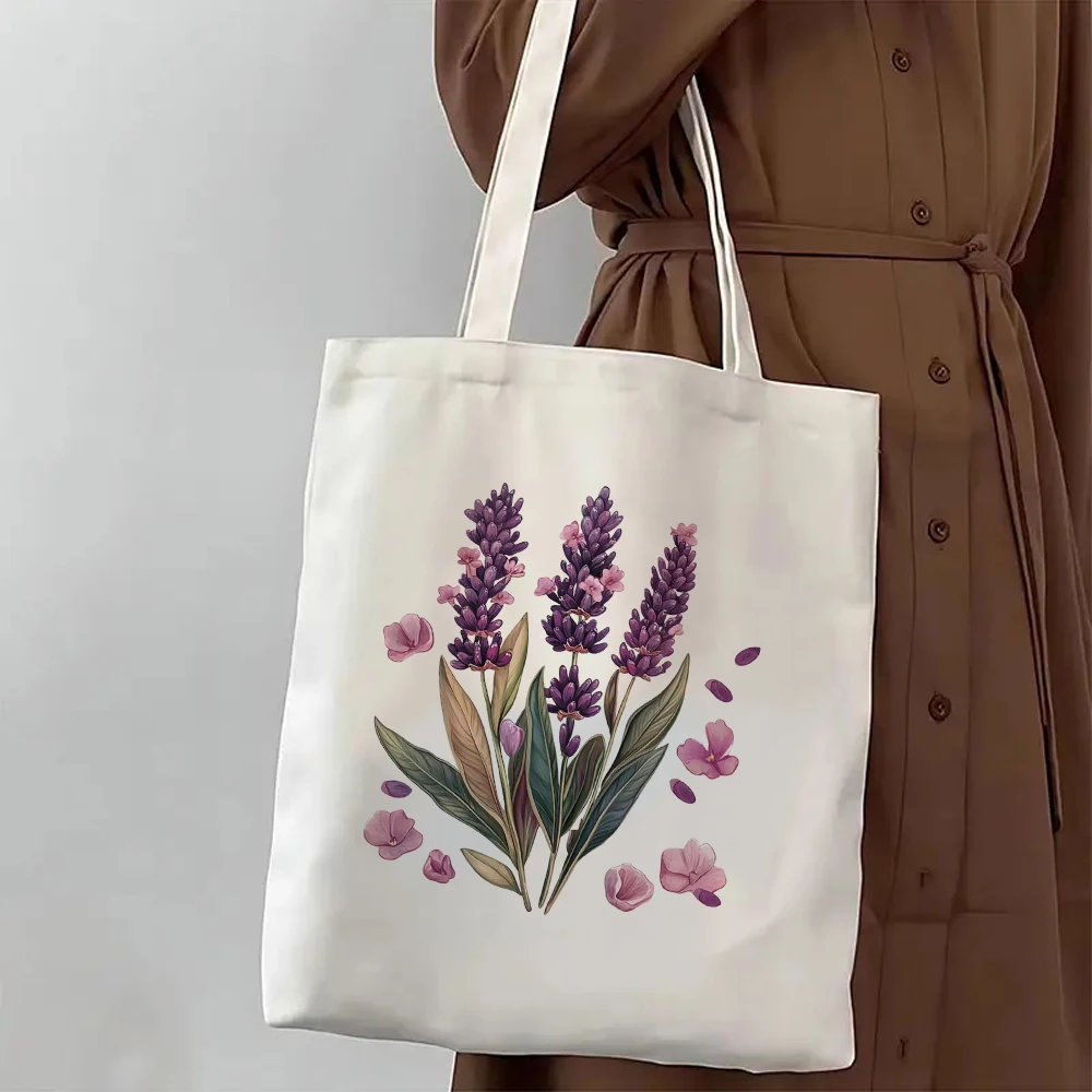 

Aesthetic Purple Floral Canvas Tote Bags for Women Cottagecore Lavender Botanical Print Large Capacity Shoulder Grocery Bag