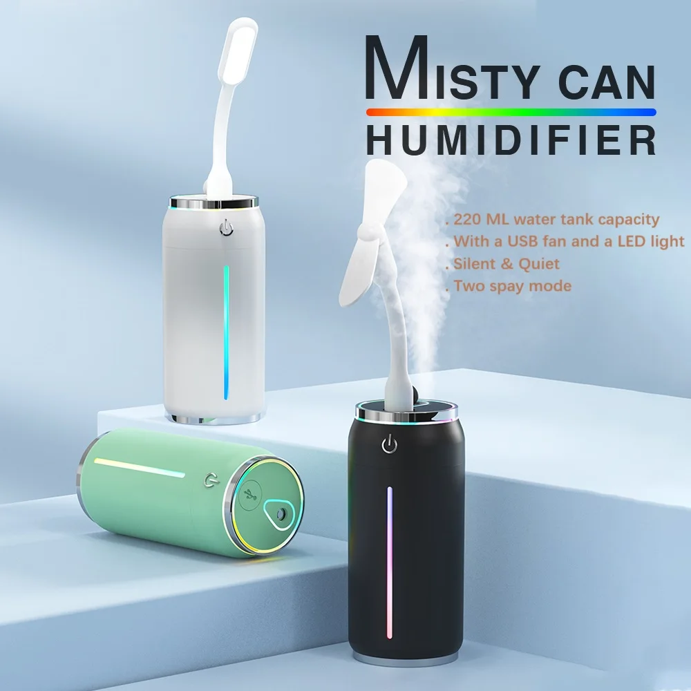 

Ultrasonic Mini Fan Car Air Humidifier Cool Can USB Northern Lights Oil Diffuser Colorful LED Humidifier for Car Office Spa Room