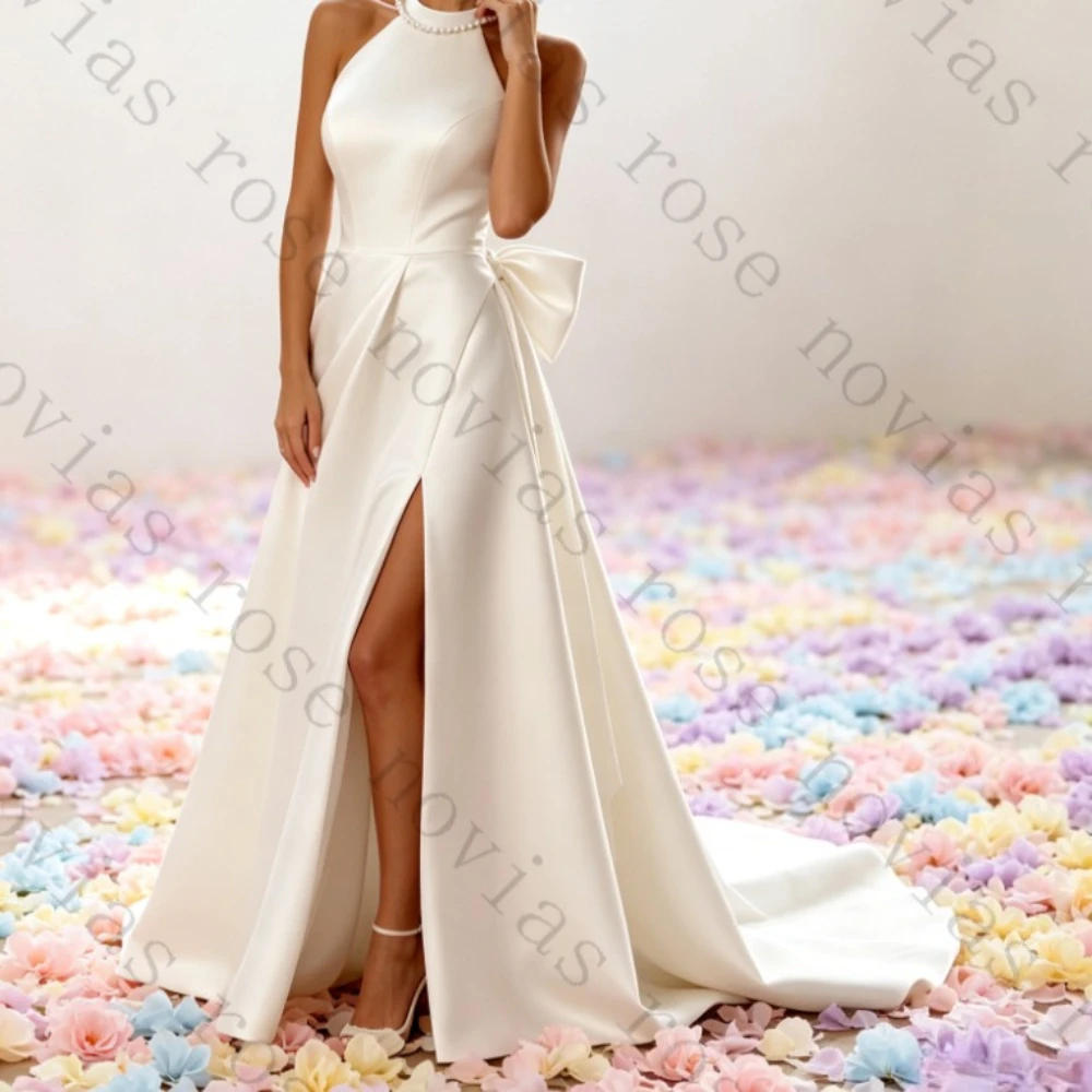 Customized Halter Neck Satin Sheath Wedding Dresses Large Back Bow High Side Slit Minimalist Elegant Long Train Bridal Gowns