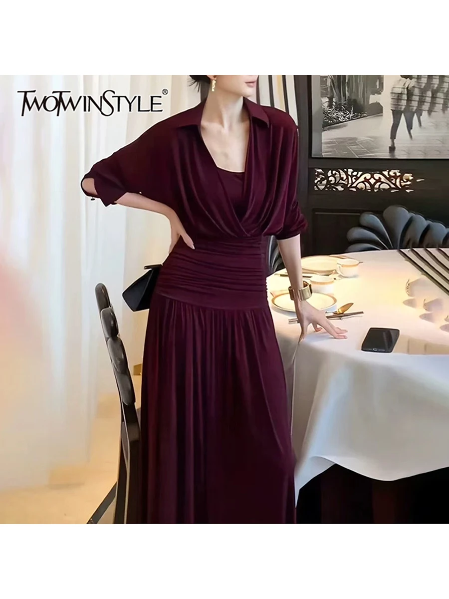TWOTWINSTYLE Solid Spliced Folds Design Sense Dresses for Women Lapel Long Sleeves Tunic Fashion False Two Piece Dress Female