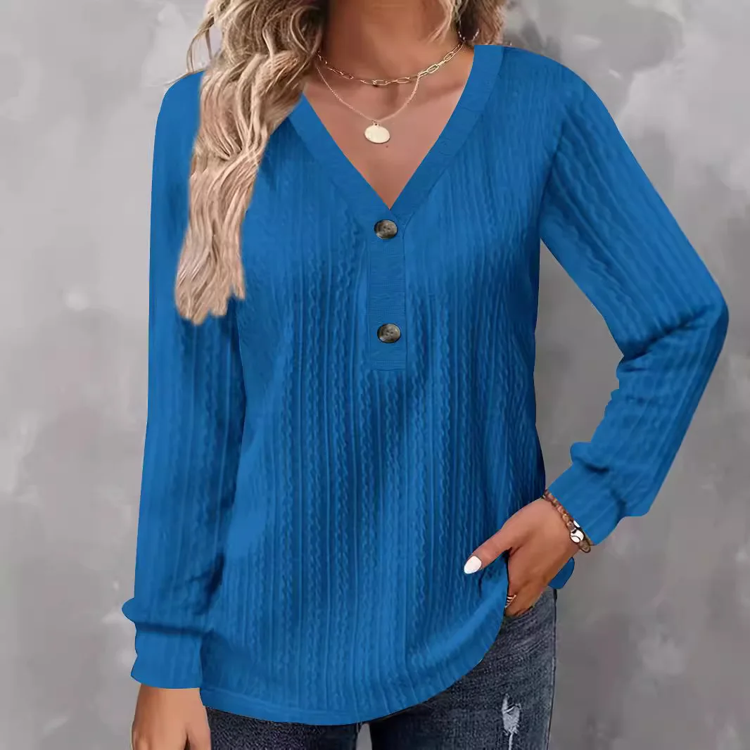 

Casual V-Neck Long Sleeved Pullover Women Solid Color Striped Texture Top Autumn every day T-Shirt