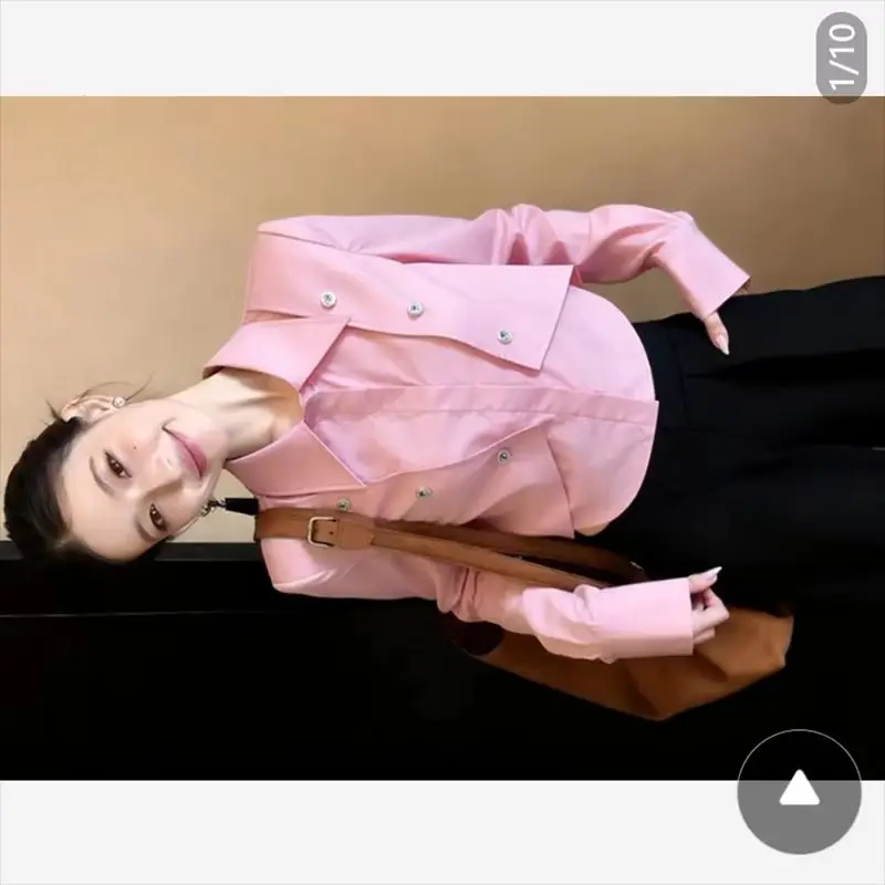 

Chic Anti-Aging Korean Style Women's Long Sleeve Polo Shirt Pink Spring Summer Fashionable Top Elegant Classy Look