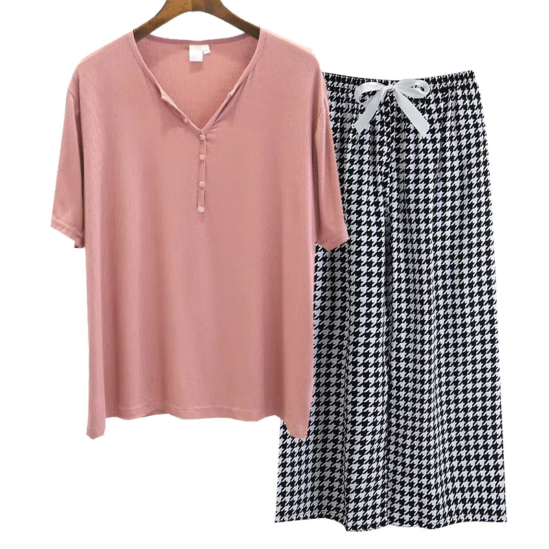 Spring Summer Ribbed Modal Pajamas Sets V Neck Viscose 2pcs Homewear Relaxed Knit Layer Lady's Casual Loungewear