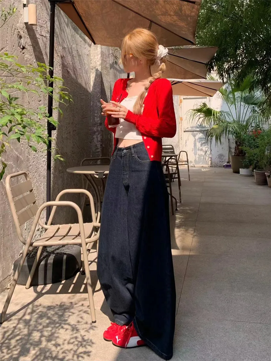 

American High Street Deep Blue Wide Leg Jeans Women's Loose Slimming Drapey Spring Autumn Tall Extended Floor-Length Pants