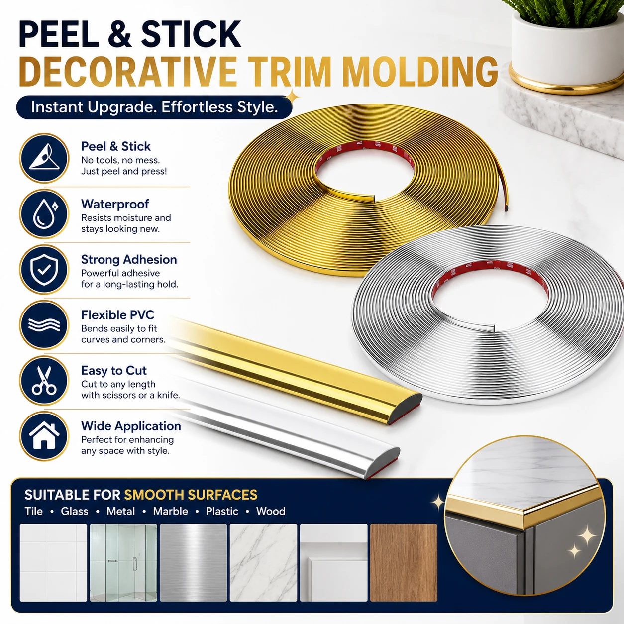 2/1 Roll Peel and Stick D-Shape Wall Trim, Self-Adhesive Waterproof Baseboard Molding for Door Window Frame Edges & Borders