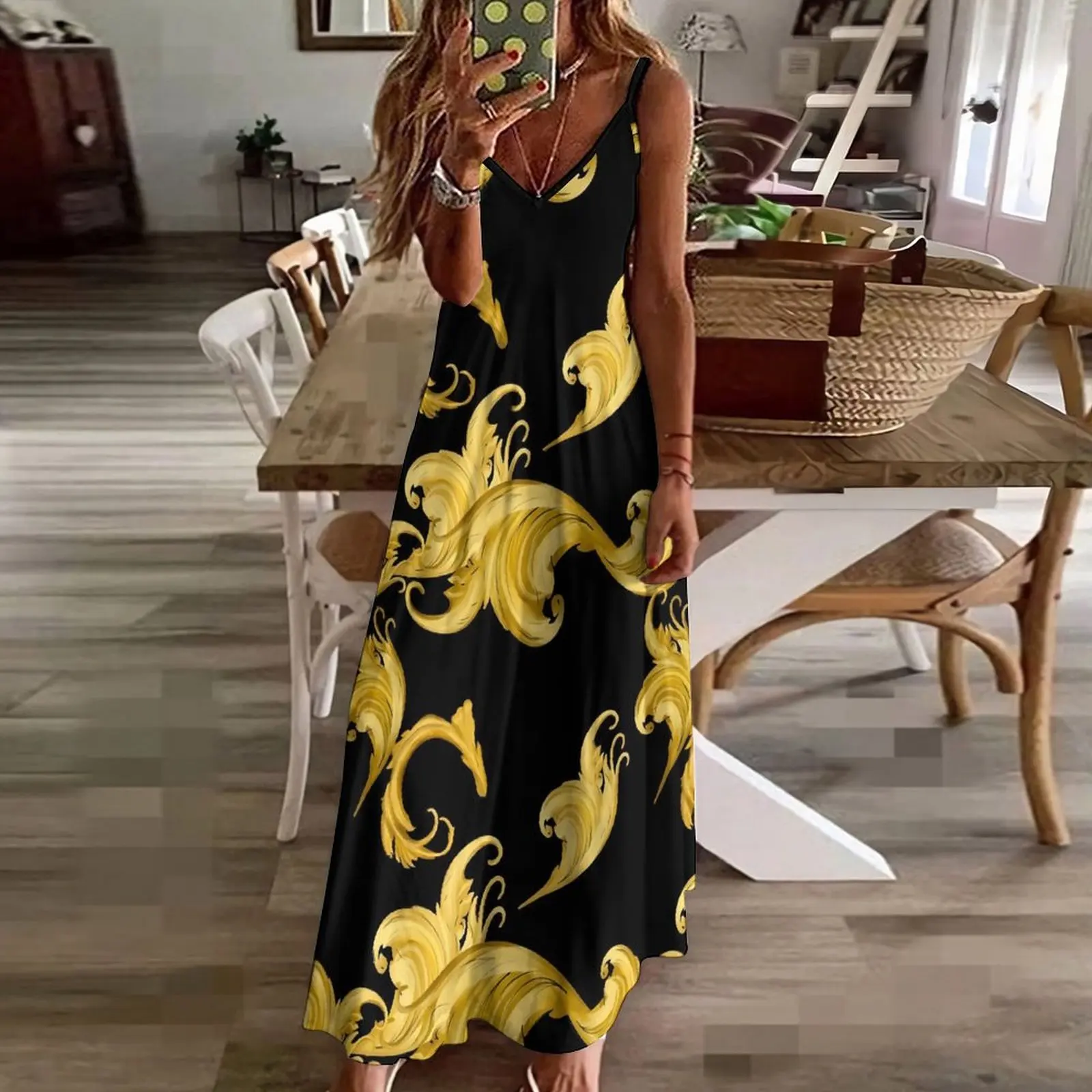 Baroque Leaf Dress Gold Floral Elegant Maxi Dress V Neck Boho Beach Long Dresses Straps Aesthetic Oversized Vestidos