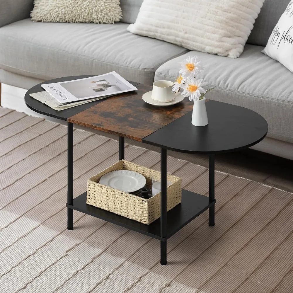 

Modern Oval Coffee Table with Storage Shelf, Brown & Black, Ideal for Small Living Rooms and Home Offices