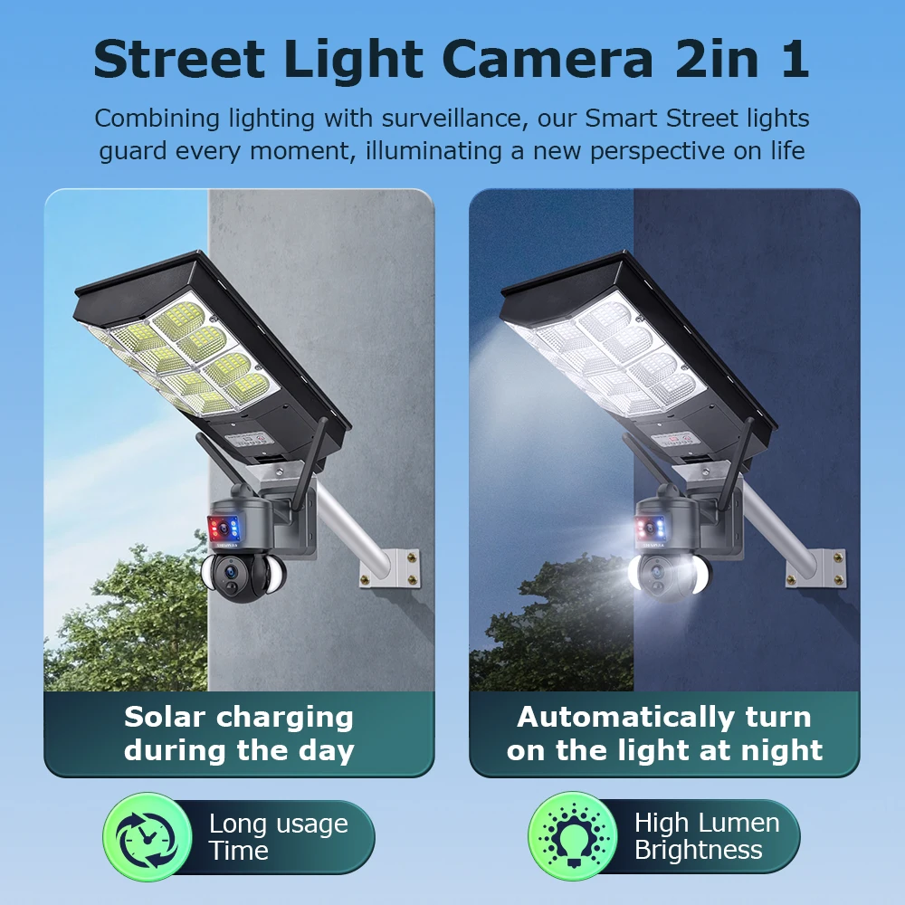 SHIWOJIA 6MP Solar Camera with Solar Street Lights 4G SIM Outdoor 360° WIFI Solar Security Camera PIR Monitor Night Vision CCTV