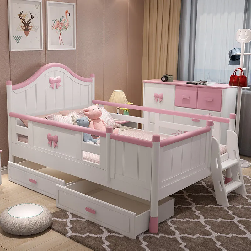 All solid wood children's with guardrail fence girl princess bed single  with drawers storage bedroom small bedside