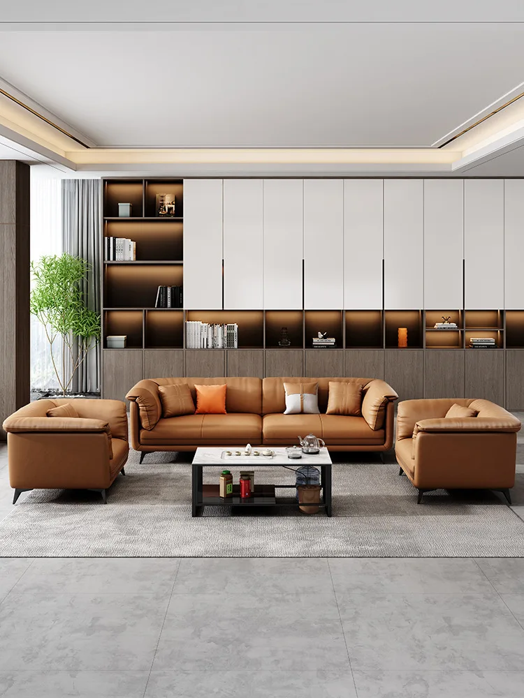 

Office sofa leather simple business reception boss office reception area leisure modern coffee table package