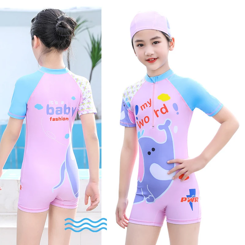 Children's Swimwear Summer One-piece Swimsuit With Hat 2Pcs Set For Girls Korean Fashion Kid's Girl Surfing Suit 3-12Years Old